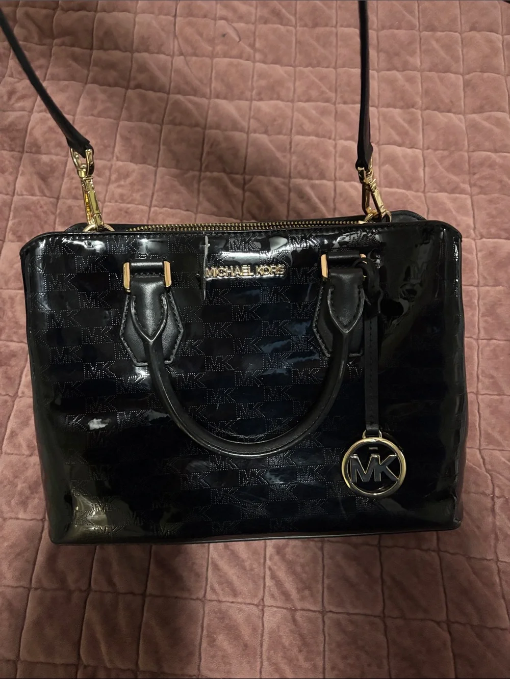 Michael Kors Black Patent Satchel with Gold MK Charm